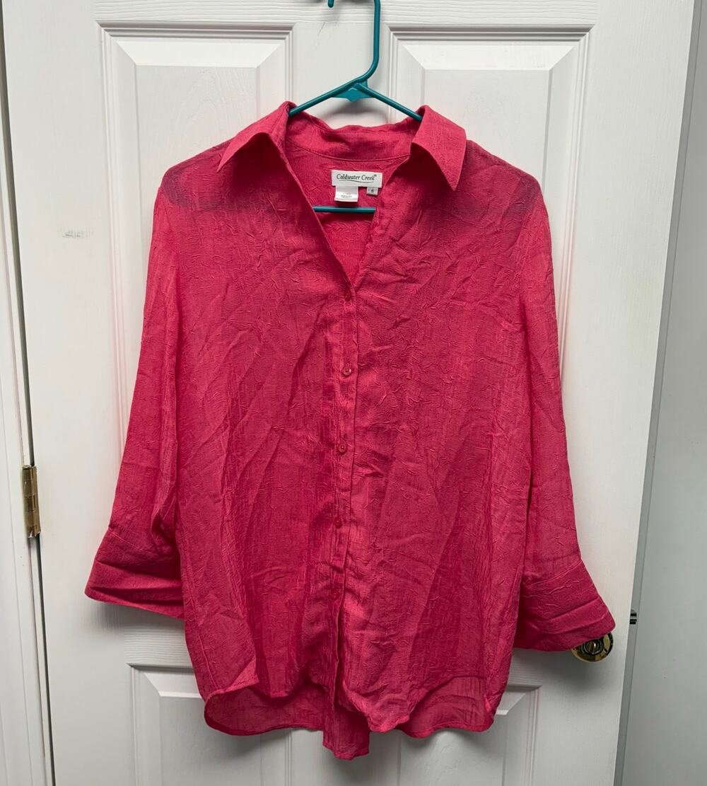 Coldwater Creek Blouse Rose Pink Button Down Crinkle Fabric, Women's Size S